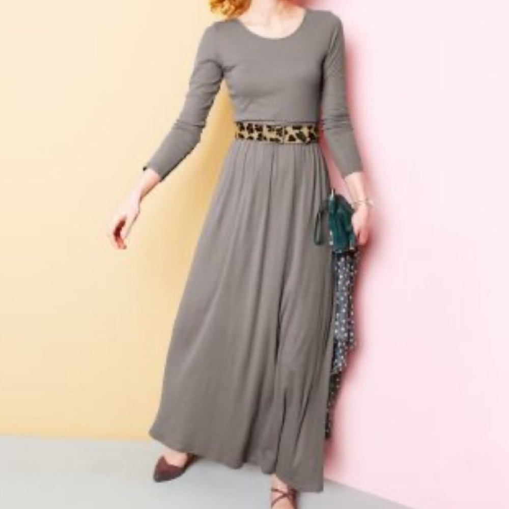 Garnet Hill Gray Taupe 100% Cotton Lightweight Long Sleeve Maxi T-Shirt Dress XS